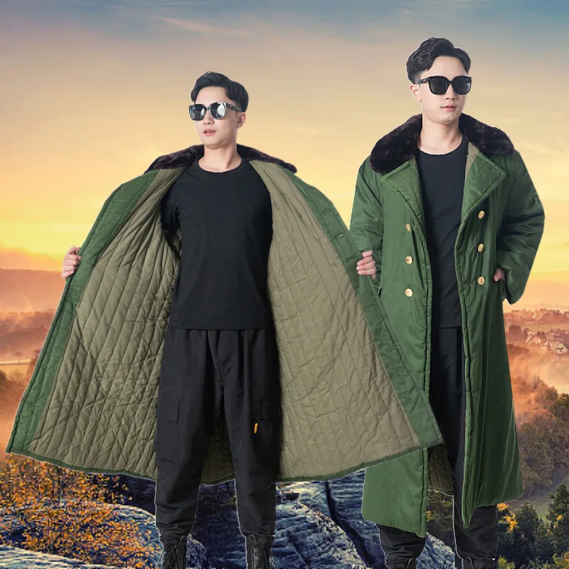 Hot Outdoor Long Coats Jacket Chinese Classic Army Green Overcoat Mens Winter Warm Fur Collar Trench Coat Overgarment