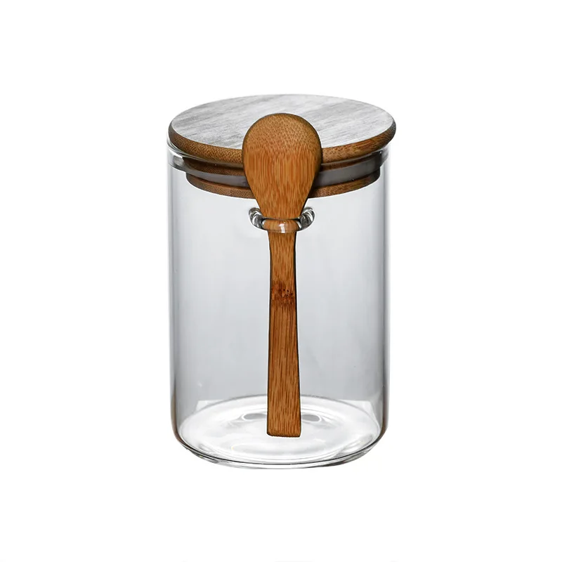 Eco Friendly Feature borosilicate glass food spice jar clear glass storage jar with bamboo spoon and press lid (1600468677608)