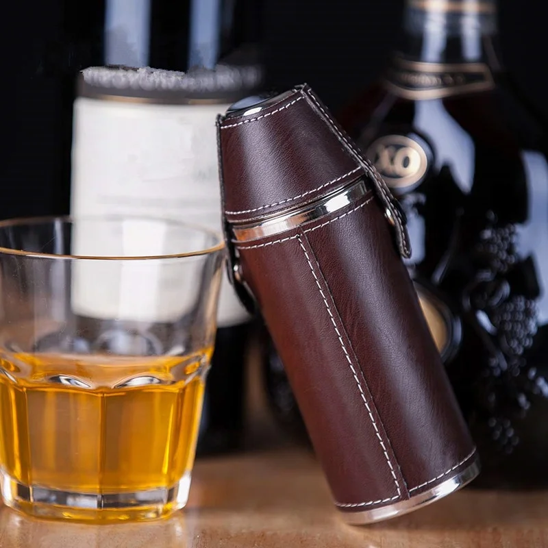 Wholesale cylinder  8oz metal stainless steel hip flask set with Leather Cover with steel cup