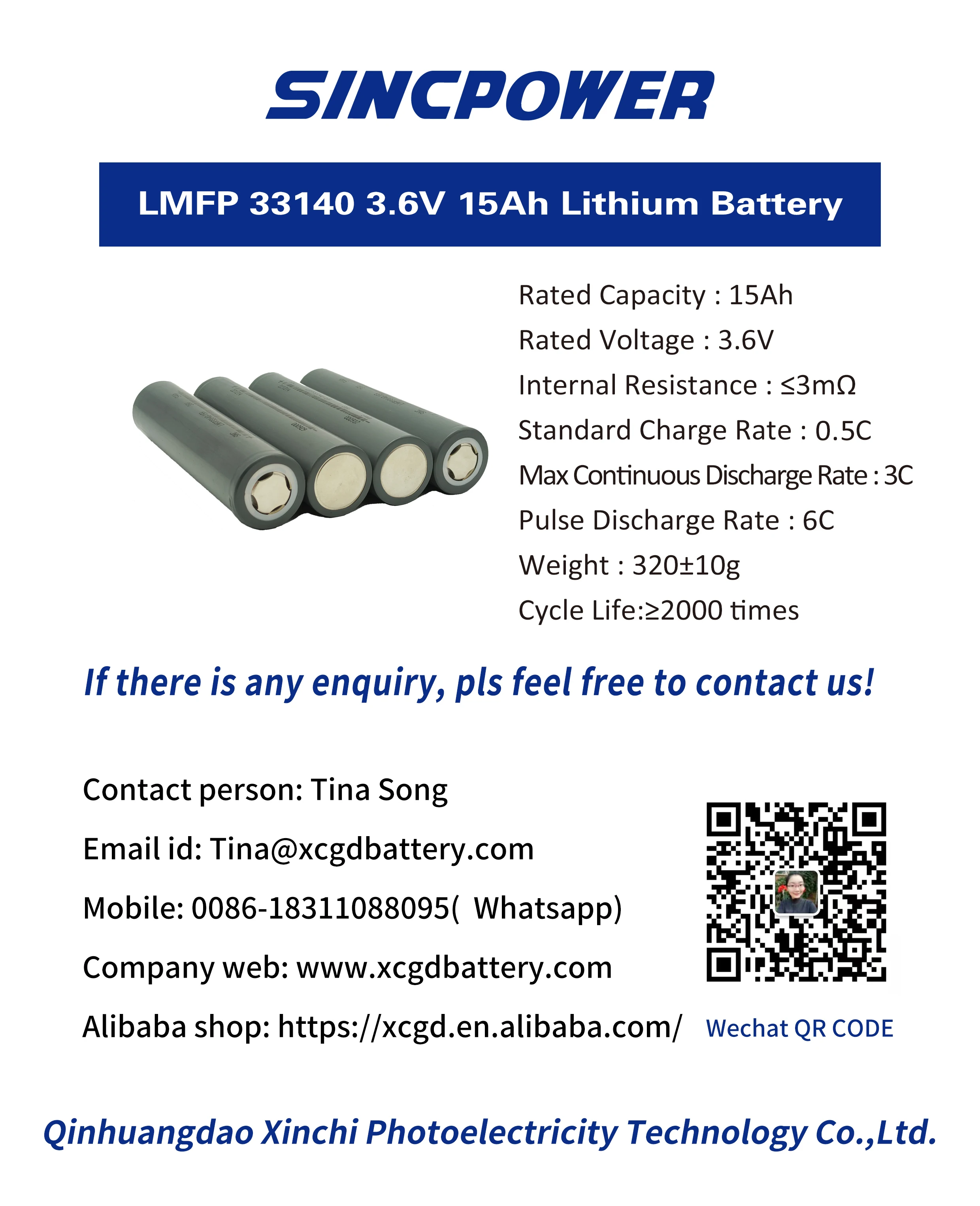 Xinchi Sinc Power LFMP cylindrical 33140 15Ah 3.6V 3C lithium battery cell for 48v 60v 72v 30ah 45ah 60ah 75ah 90ah battery pack