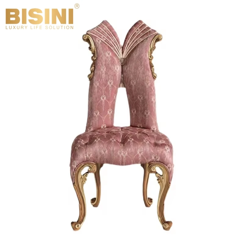 Pretty Luxury French Rococo Style Carved Wood Dining Furniture Exquisite Handcrafted Pink Dining Armchair Side chair