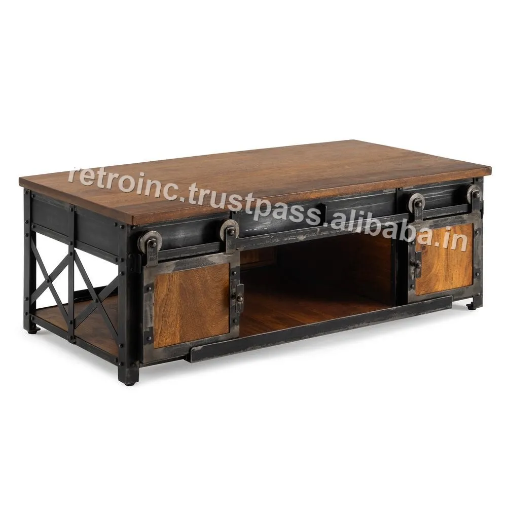
Industrial Wood and Metal Coffee table with 2 Sliding door and 1 drawer in Brown Mango wood & black iron finish 