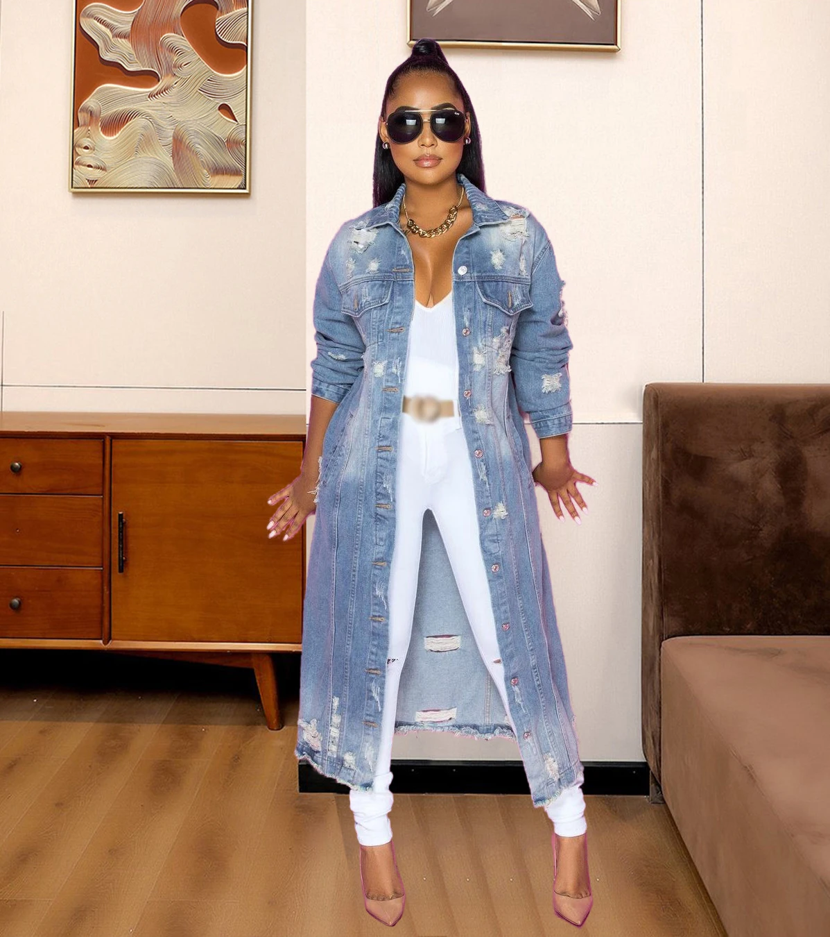 J3235 fall fashion casual long sleeve denim women long jacket