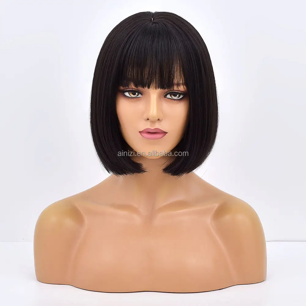 12' short bob black machine made elegant fashion synthetic hair wigs with bangs for women