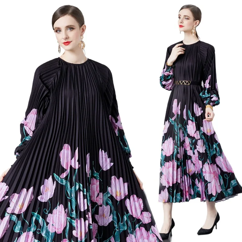 Spring Autumn Floral Print Long Sleeves Shirt Dress Elegant Womens O-neck Pullover Vacation Casual Dresses