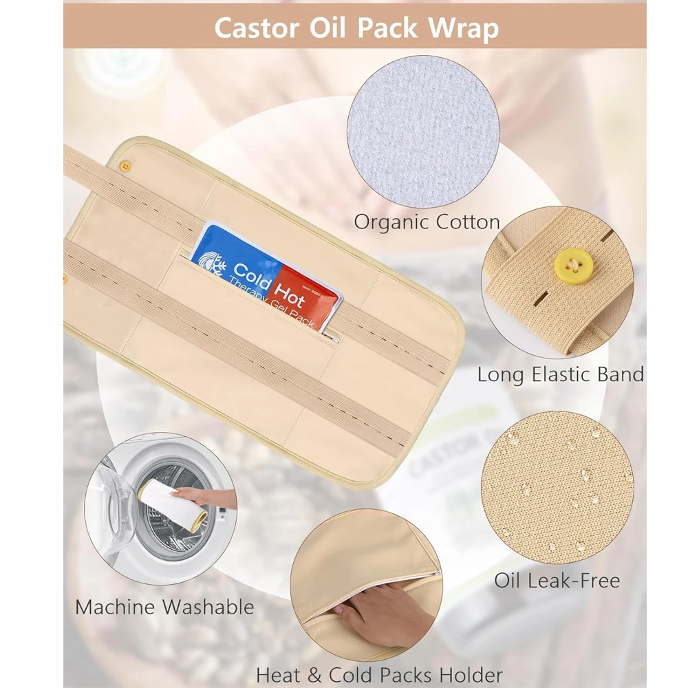 100% Pure Organic Cold Pressed Castor Oil with Reusable Pack Wrap Kit Organic Cotton Black Castor Oil for Body Health Massage