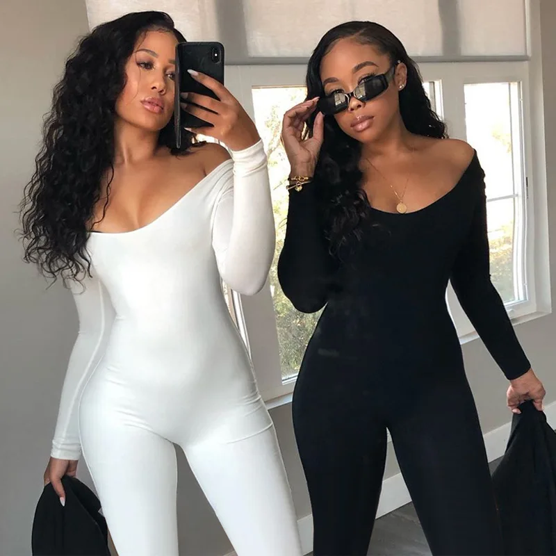 M3610 Jumpsuits women 2020 winter activewear long sleeve bodycon white jumpsuits bodysuits