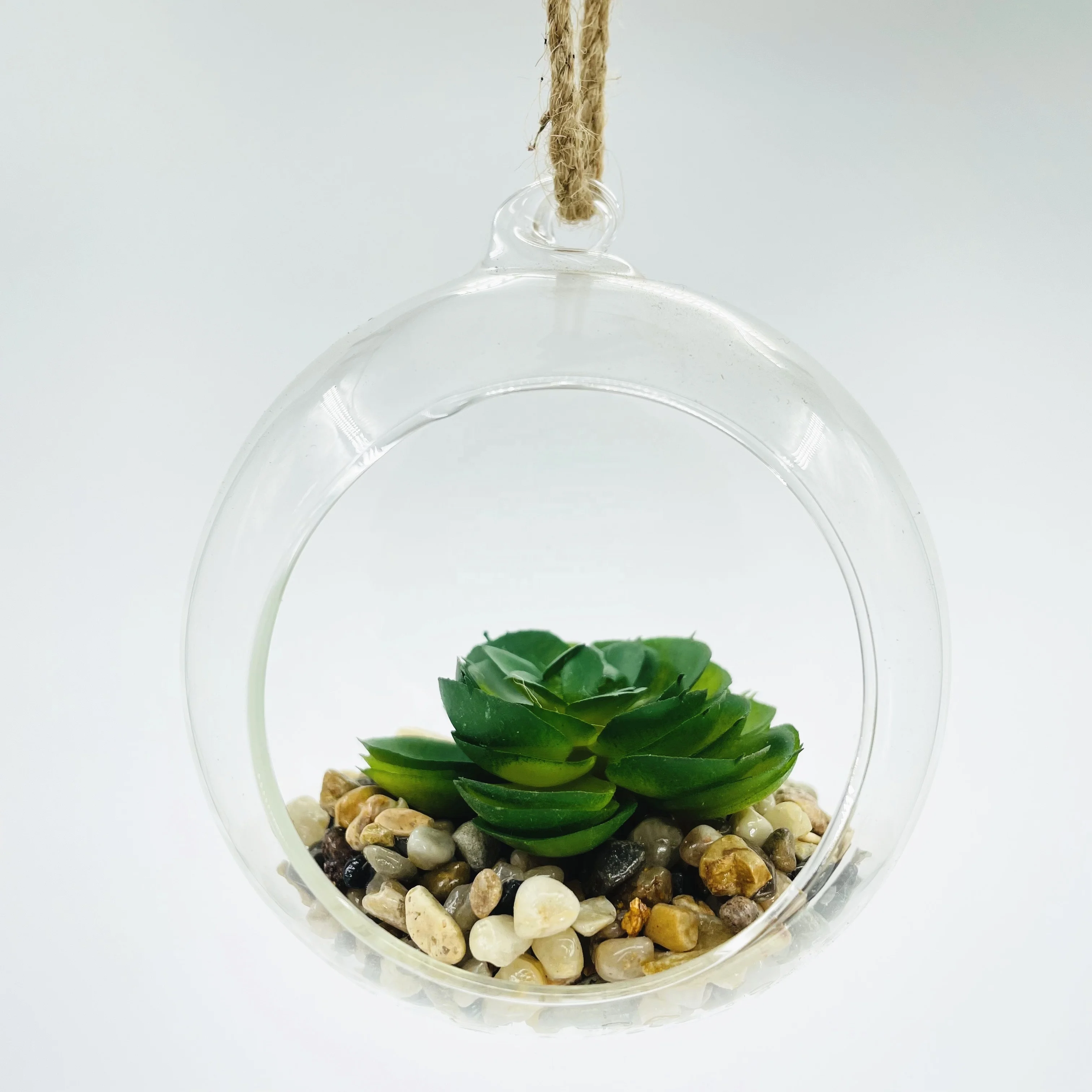 Hanging type glass Planter Pots with lifelike artificial succulent plants handmade glass crafts for home decoration