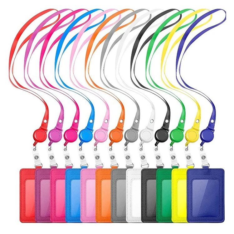 Factory Wholesale Colorful PU Leather Card Holder Retractable Id Card Badge Reel Holder Lanyard with Neck Strap