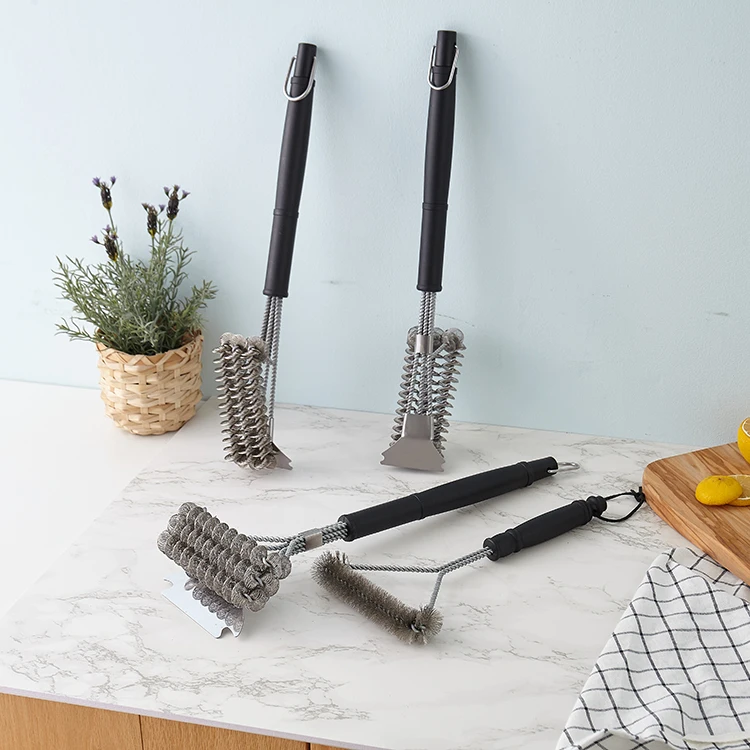 Wholesale Barbecue Tool 12 Inches 3 Sided Grill Cleaning Brush with Hanging Loop