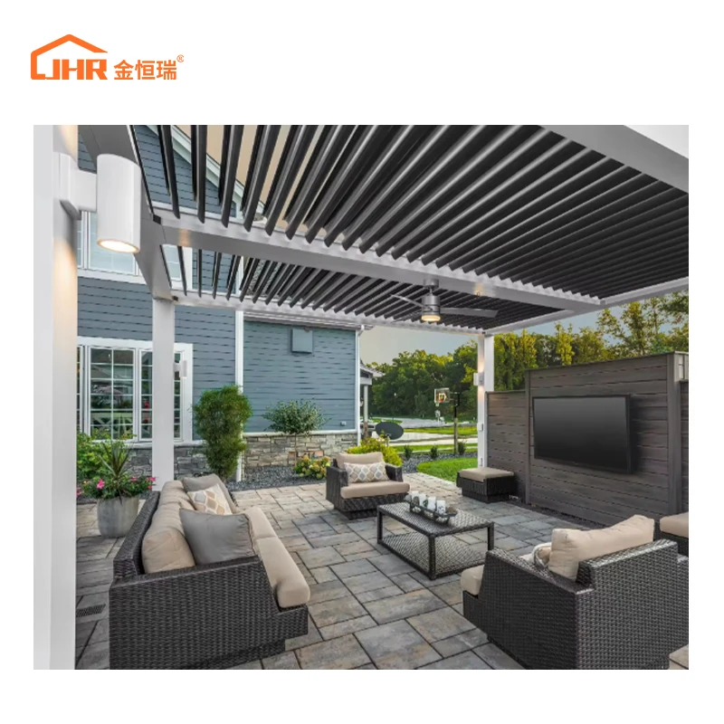 JHR Automatic Retractable Waterproof Fabric Window Skylight Ceiling Outdoor Awning Design With Gazebo Outdoor Aluminum Pergola