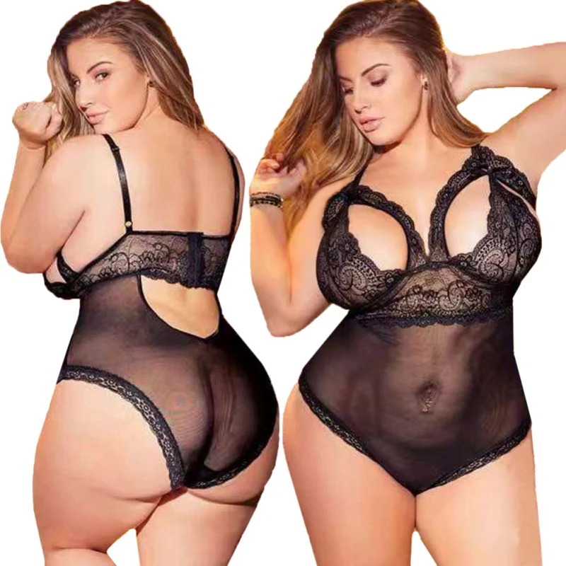 Mature women transparent plus size teddy bodysuits see through one piece lingerie for fat women