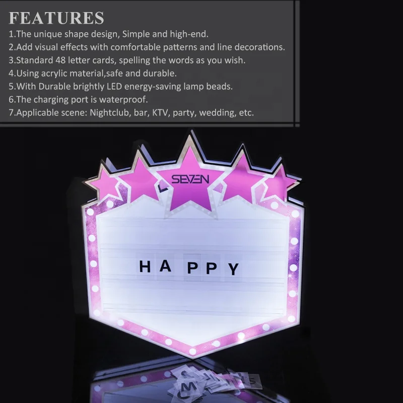 OEM Customized LOGO Size star Shaped LED Message Board Rechargeable 26pcs Lettles Birthday LED Display Billboard for bar