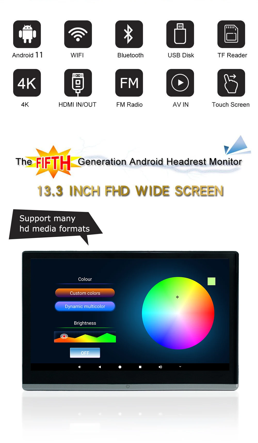 1338A Headrest Monitor 13.3 Android 11 4K Screen Smart TV Car Android Headrest Monitor