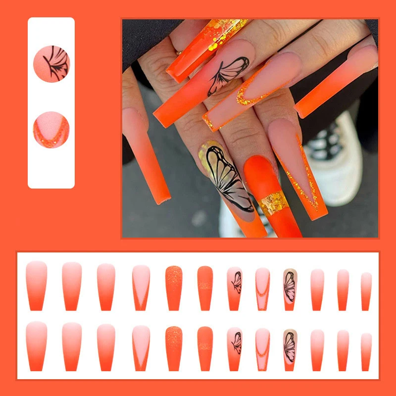 Яркий цвет, набор из 24 штук, популярный черный с принтом бабочки и длинными с квадратным средним oem нажмите на накладные ногти для ног для женщин