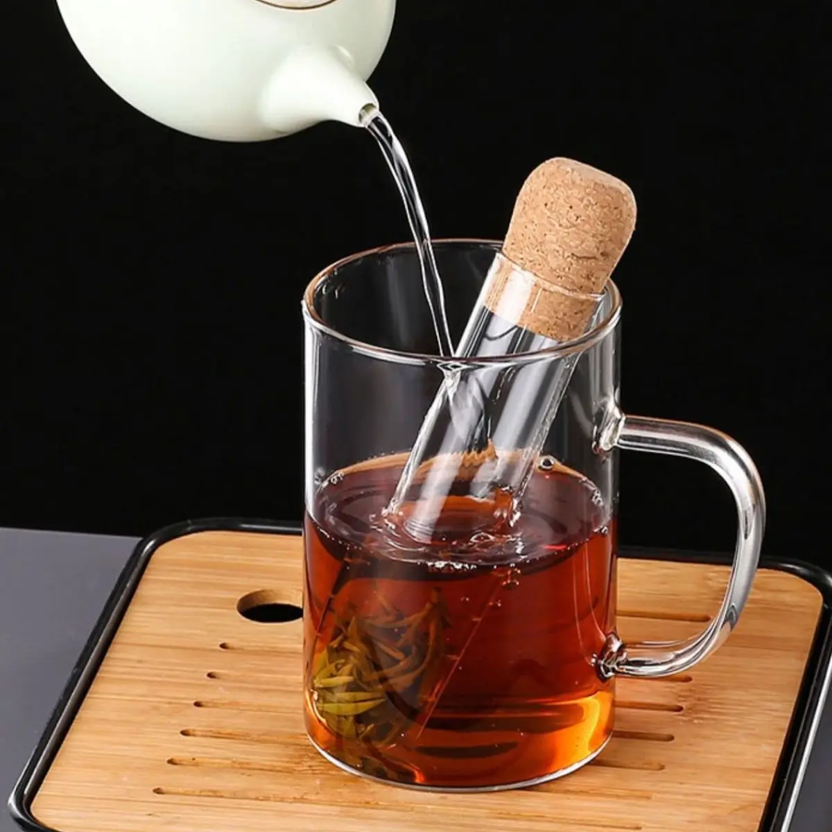 Handmade Small Glass Filter Tea Infuser Borosilicate Tube with Cork Lid Metal Utensils Strainer Set