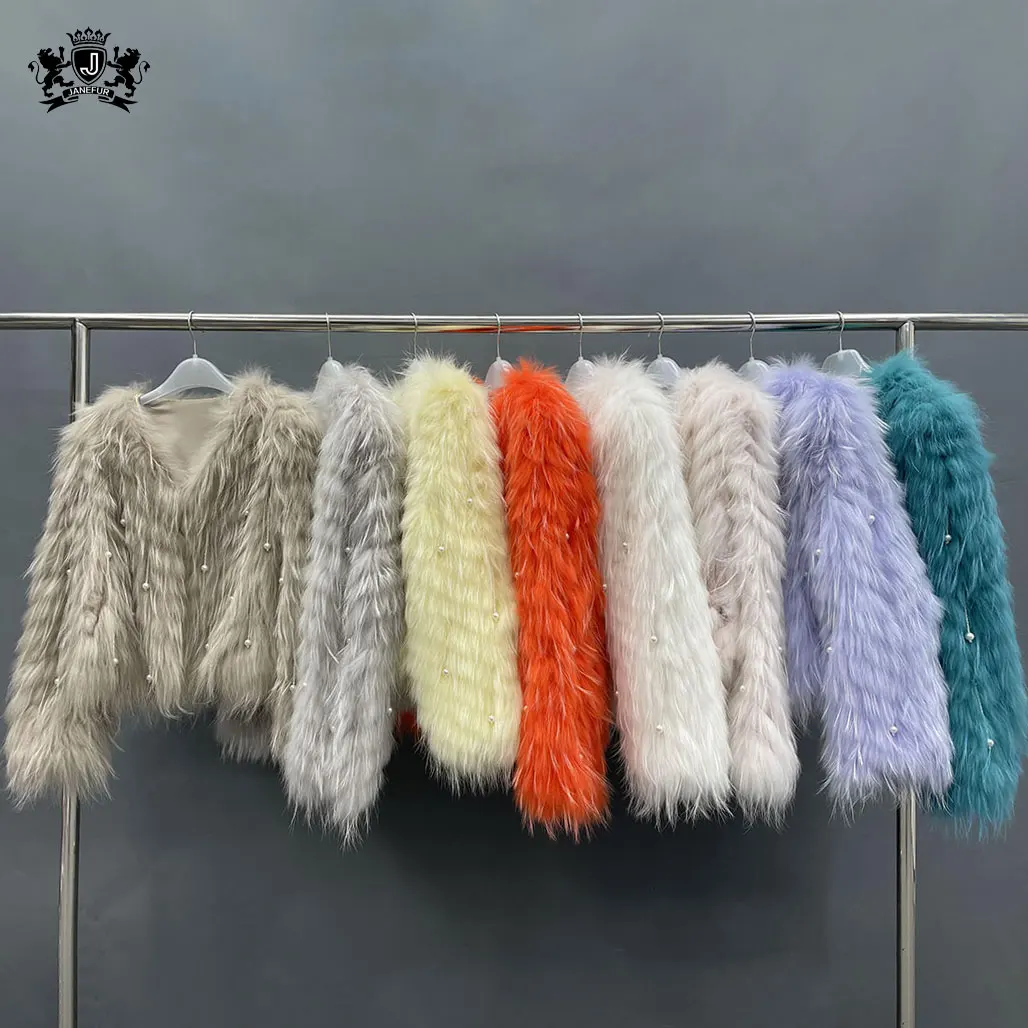 Janefur Genuine Raccoon Fur Hand Knit Jacket Short Style Fur Coat High Quality Pearl Tassel Fur Garment