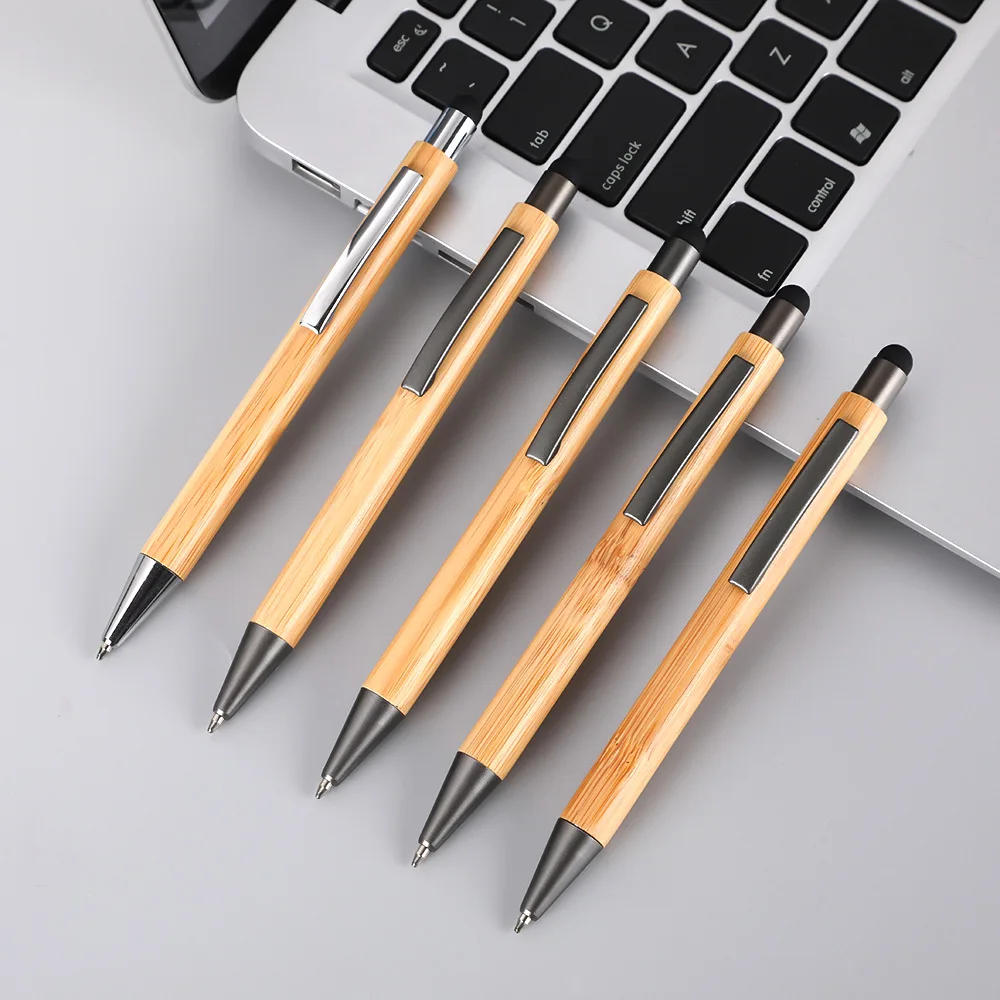 2022 Wholesale Eco Friendly Natural Recycled Click Bamboo Wood Ballpoint Pen Stainless Steel Bamboo Barrel Pen With Stylus