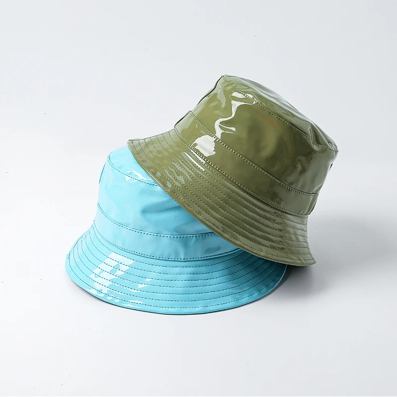 High Quality Plain Colour Women Hat PU Fabric Waterproof Rain Bucket Hot Sale Faux Leather Thickened Panama