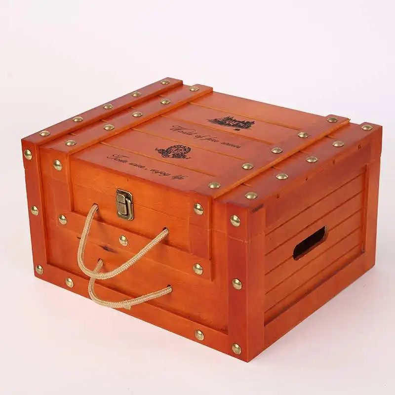 
Salable 6 bottles wooden gift box for wine with hinged lid and custom carved crafts logo 