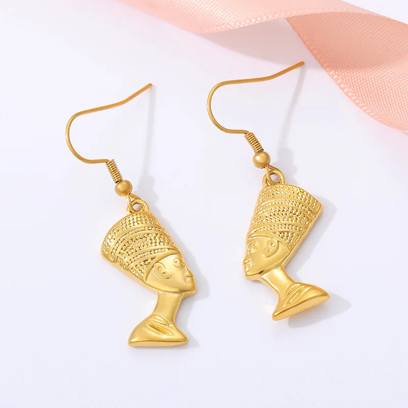 
Hot Sale Stainless Steel Gold Plated Portrait Drop Earring Egyptian Queen Nefertiti African Hook Earrings For Girl 