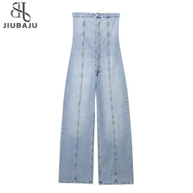 Womens Casual Classic Jumpsuit Off Shoulder Strapless Vintage Denim Long Pants High Street Jumpsuit Women