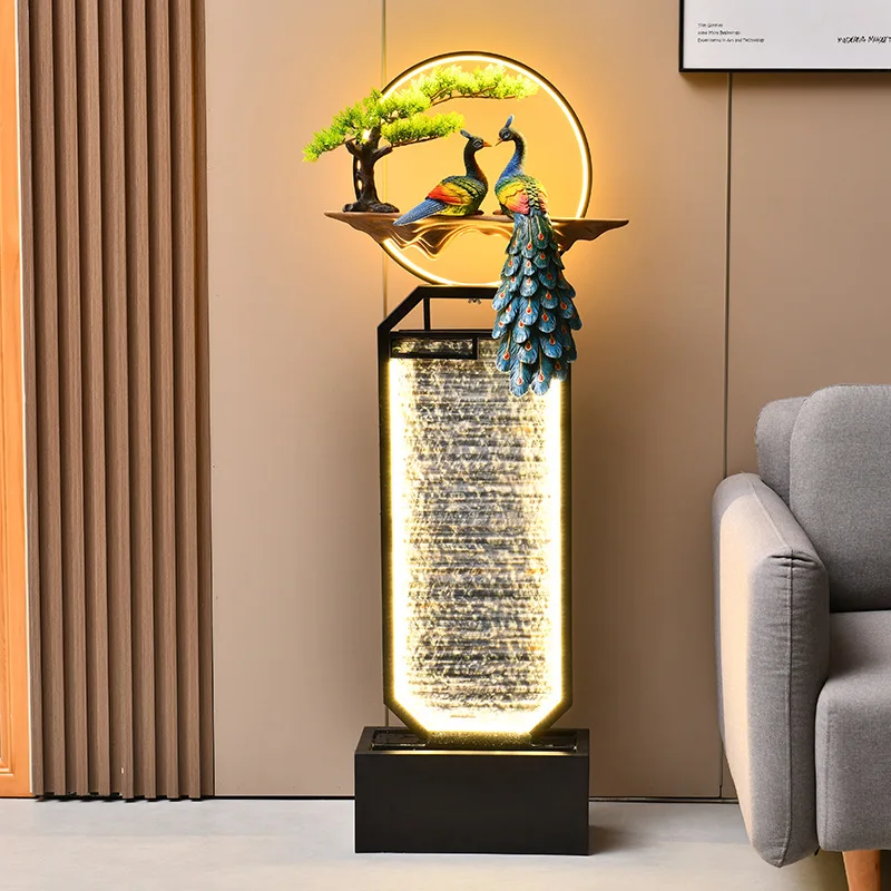 Unique Indoor Home Decor Accessories Peacock Lotus Water Curtain Craft Ornement Metal Water Fountain Waterfall