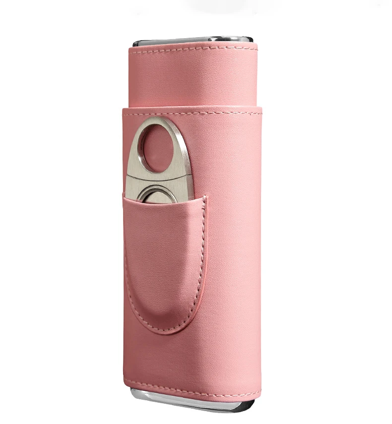 Fullrich Wholesale Cigar Case with Silver Stainless Steel Cutter Pink Color Leather 3 Fingers Cigar  Holder for Women