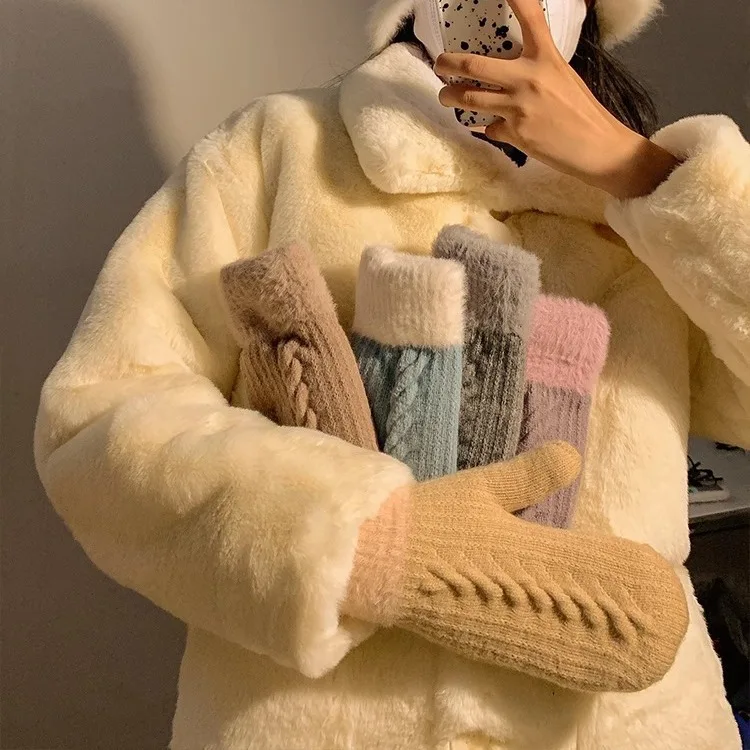 High Quality Ladies Winter Fashion Mitten Double Knit Thick Plush Warm Gloves