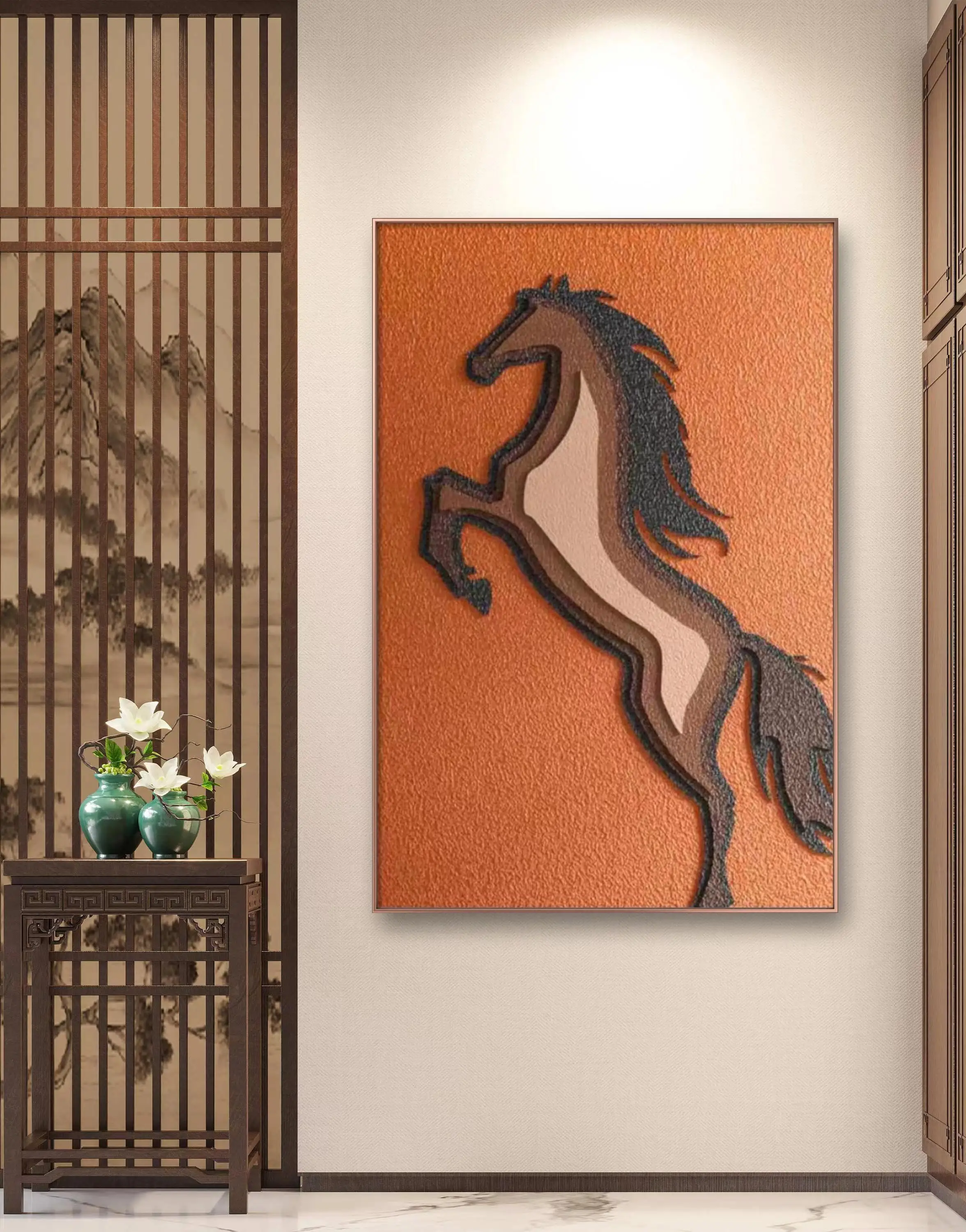 Customized living room foyer corridor background wall decoration painting 3D sandstone wood carvinging horse
