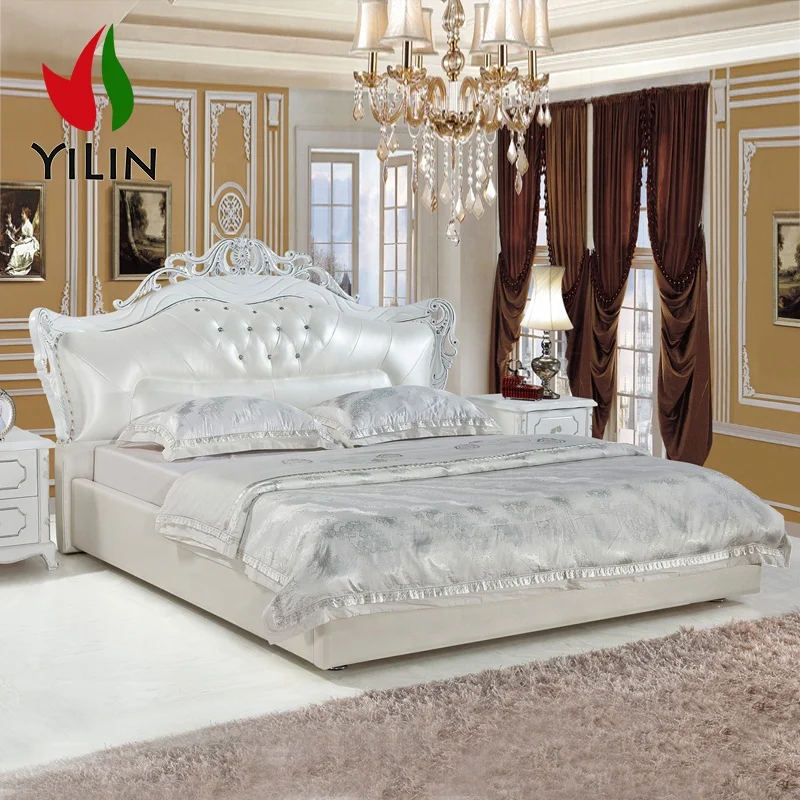 Bedroom Set Furniture Frame European Style Best Quality Double Queen Size White Leather Beds