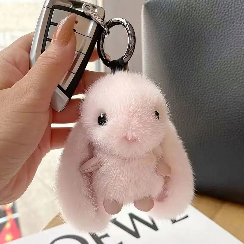 pink bunny keychains Fluffy Real Fur Pompom stuffed animal rabbit Key Chain Cute On Bag Car Key Pendant charm rabbit Key Ring