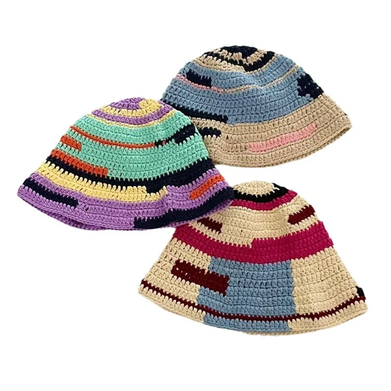 Fall Colorful Stripe Knitted Bucket Hats Hand Made Crochet Cap Raffia Knitting Cap Beanies Hats
