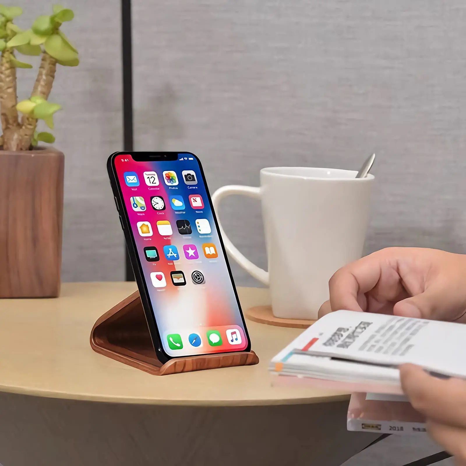 Universal Non-Slip Stable Wooden Phone Stand Desktop Drawer Organizer iPhone 13 Galaxy iPad Tablets Facetime Mobile