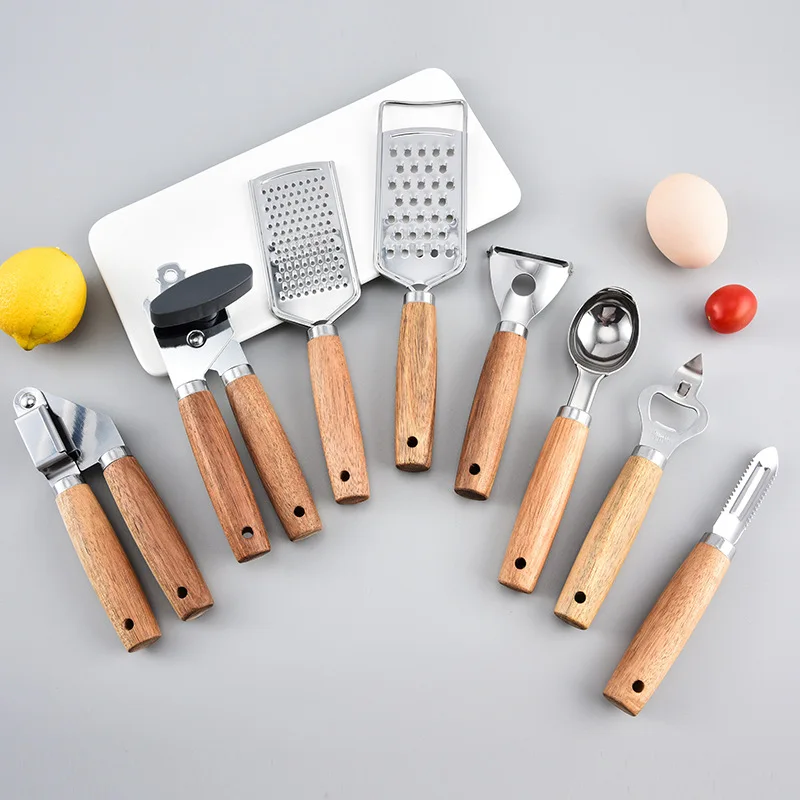 Stainless Steel Garlic Crusher Wooden Handle Manual Mincer Chopping Squeeze Masher Fruit Vegetable Tool Garlic Press