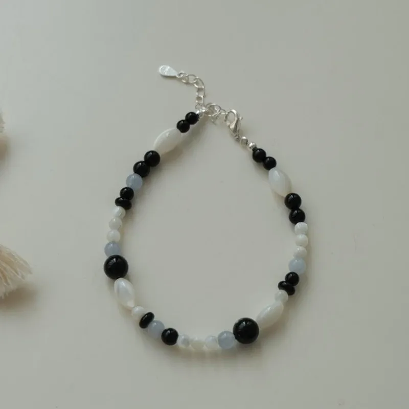 925 silver black Onyx bracelet necklace women black and white bead string aquamarine sterling silver versatile bracelet necklace