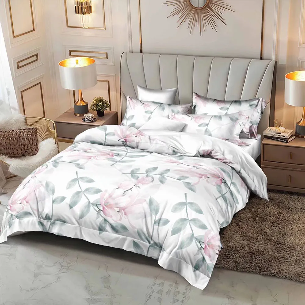 Custom Fabric Printing Bedding Brushed Micro Fibre Sheet Pillowcase Duvet Cover Sets With Flowers And Plants