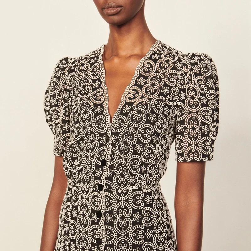 SANDRO Wholesale Custom 2022 Women Geometric Printed V-neck Mini Dress France Paris Brand Summer New Sexy Embroidery Lace