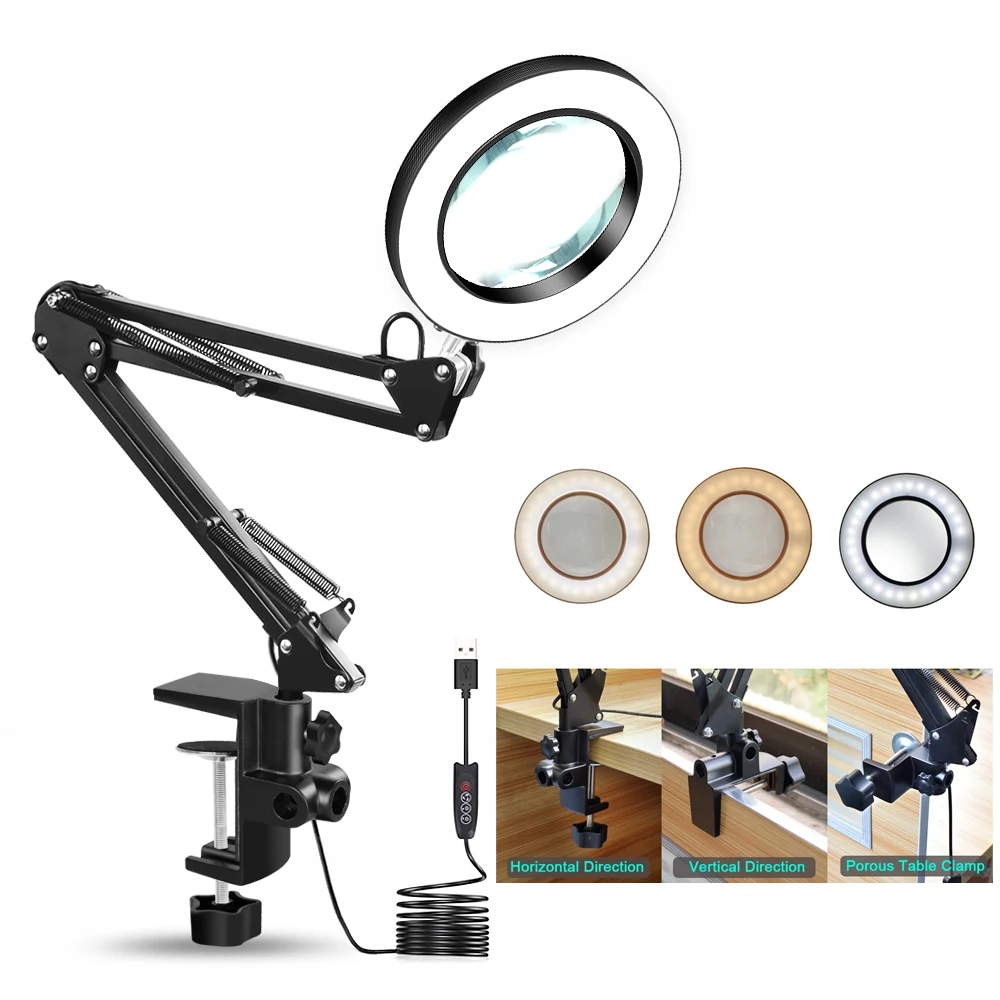 Modern 5X USB Magnifying Glass with LED Illumination Folding Loupe Reading Soldering Third Hand Tool 3 Colors DC Power Supply