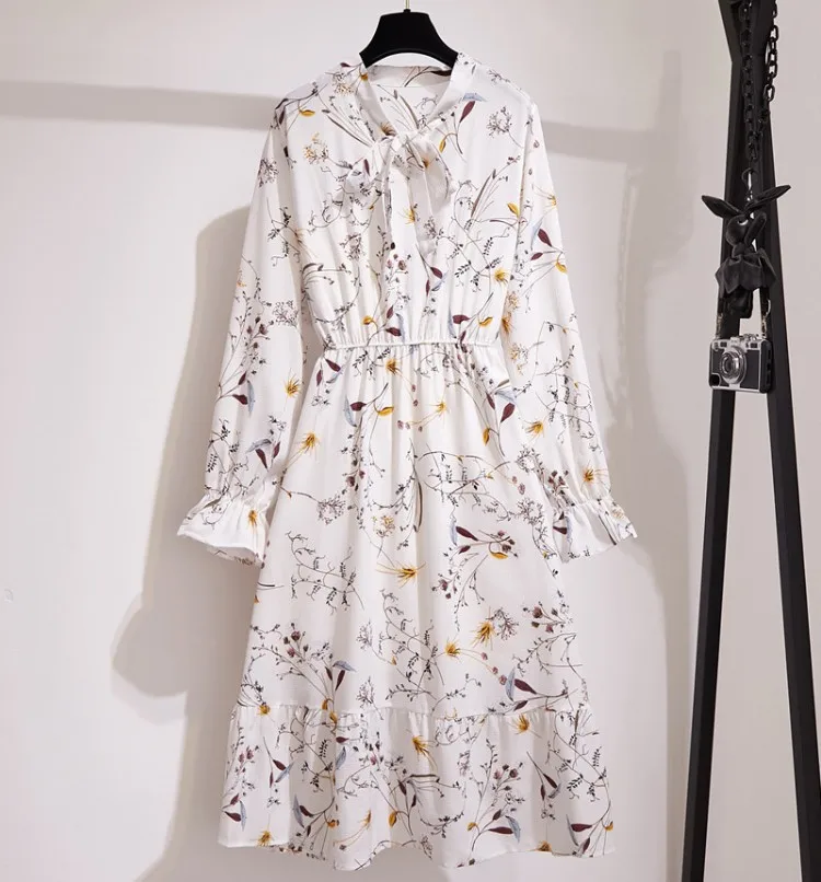 Floral Dress Girls In Stock Chiffon Long Sleeve Bohemian Fitted Waist Pleated Casual Long Dress Wholesale