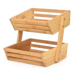 Bread Storage Stand Vegetable Rack 2-Tier Bamboo Fruit Basket For Kitchen And Offic
