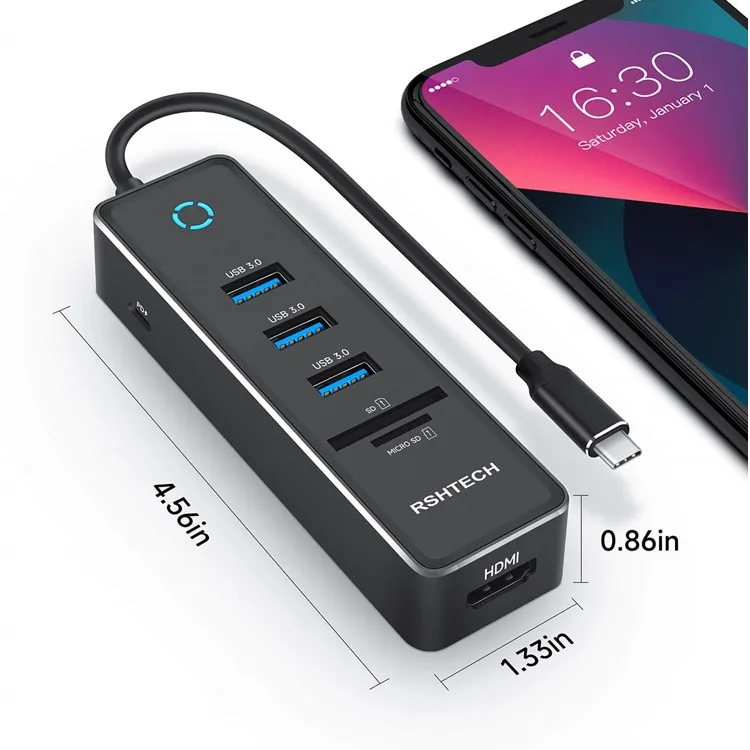 RSHTECH USB C Hub Multiport Adapter 5Gbps SD/TF Card Reader HD.MI 4K@60Hz PD 100W 7 in 1 Type C USB C Hub for PC Macbook