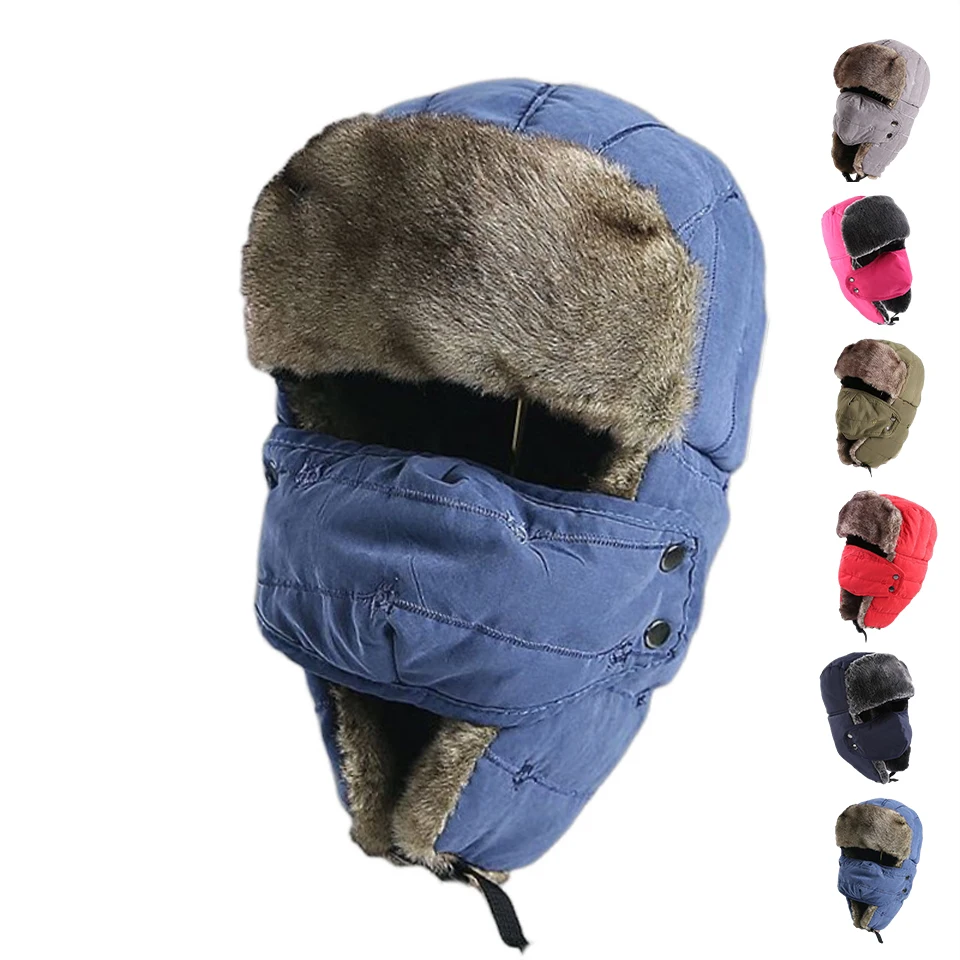Campaign Storm warm cold Aviator Outdoor Men SNow Trooper Trapper Hat Warm Winter Hats with Mask Earflaps Faux Fur Hunting Hat