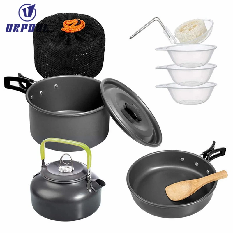 Camping Cookware Mess Kit Non-Stick Pot and Pan Set with Kettle Lightweight outdoor folding cookware for Cooking Picnic