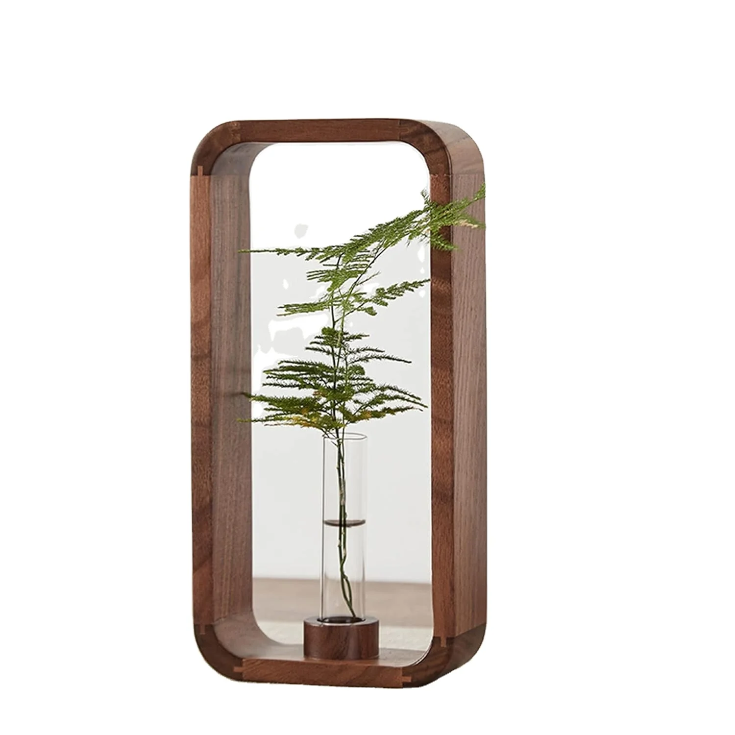 202405 Transparent Glass Vase Plant Holder Walnut Wood Frame Flower Stand Table Garden Plant Decor