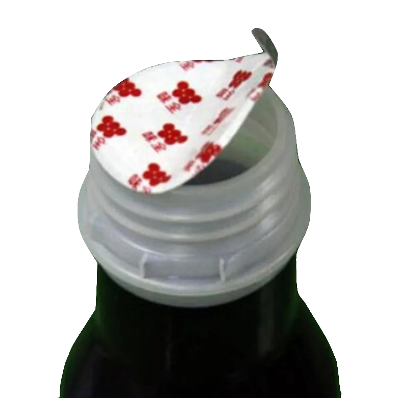 Aluminum foil induction seal wads in lids caps closures with pull tabs and printed logos