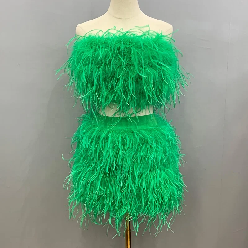 Fashion Sexy Crop Fur Top Feather Skirt Set Solid Color Ostrich Feather Fur Two Piece Set Women