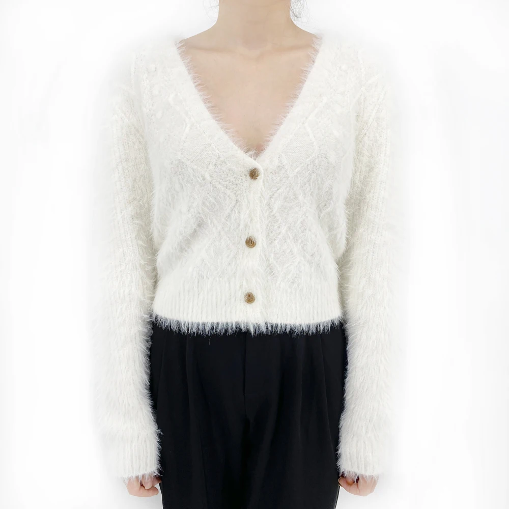 Custom Oem Fall Autumn High Quality White Warm Mohair Wool V Neck Cardigan Sweater With Buttons For Women