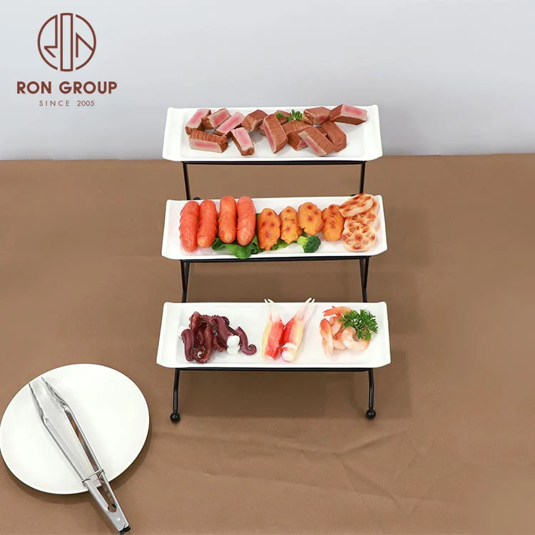 Restaurant hotel catering party tools snack 3 tier ceramic dish with iron rack serving fruit buffet food display stand