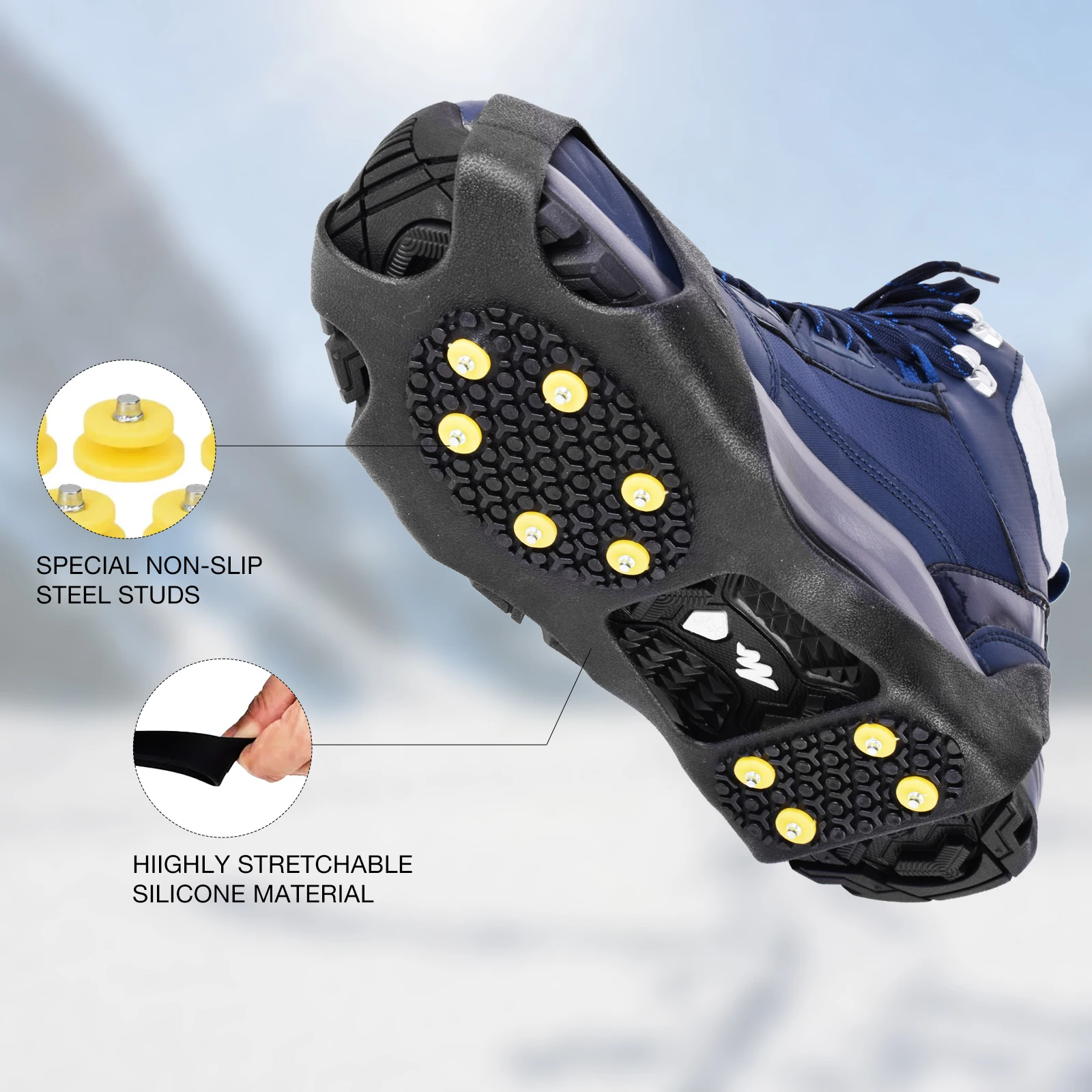 J1W 10 Steel Anti Slip Studs Ice Cleats Snow Silicone Shoe Spikes Crampons for Hiking Shoes
